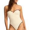 Seafolly Beach Bound Ring Front Bandeau Swimsuit Ecru New