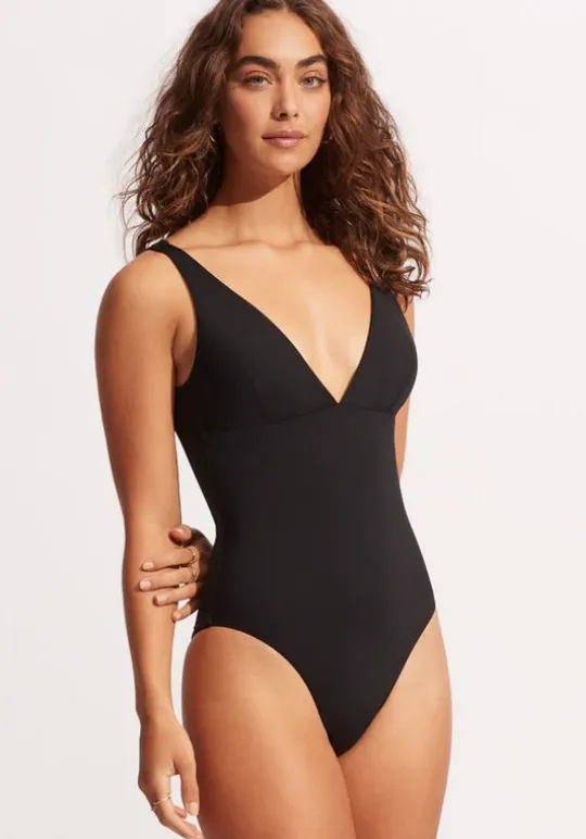 Seafolly Active V Neck Swimsuit Black Outlet