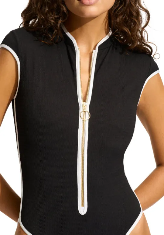Seafolly Beach Bound Zip Front Swimsuit Black Outlet