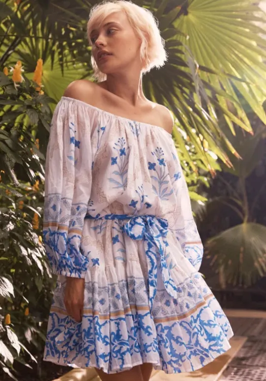 Juliet Dunn Cage Block Boho Dress Blue Cage Block Blue New