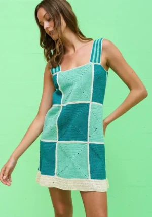 Pitusa Crochet Checkered Mini Dress Blue Fashion