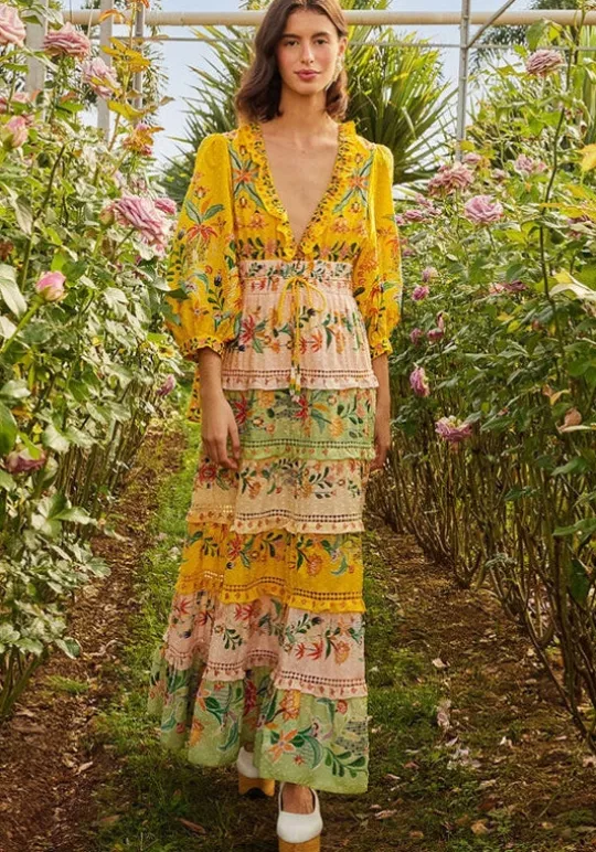 Farm Rio Delicate Flowers Stripes Maxi Dress DelicateFlowers Outlet