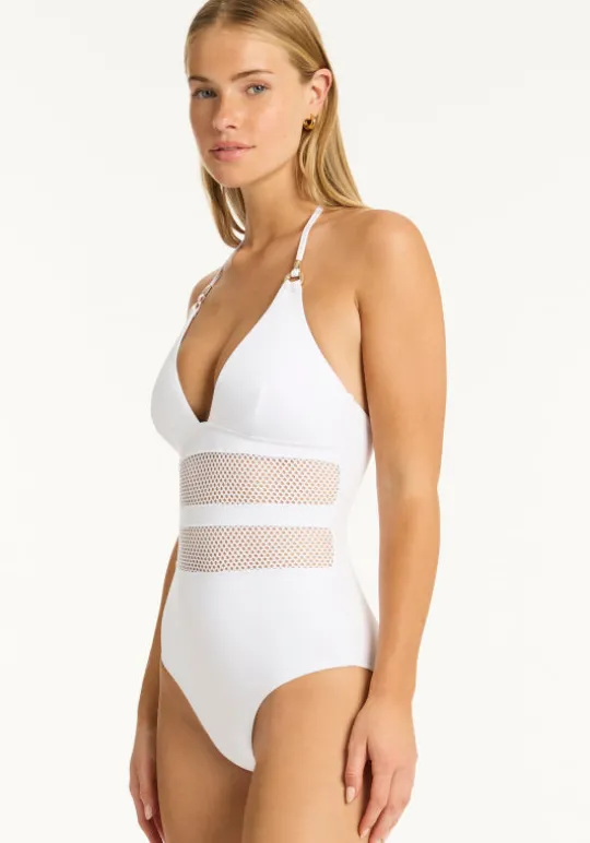 Sea Level Drift Halter Swimsuit White Discount