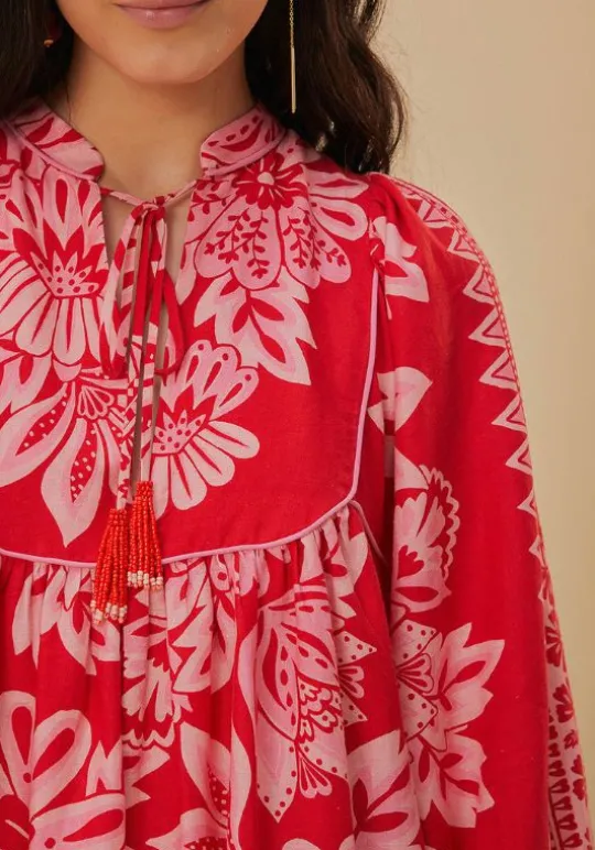 Farm Rio Flora Tapestry Red Long Sleeve Mini Dress Online
