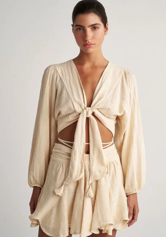 Pearl & Caviar Gauze Tie Front Top Butter Hot