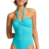 Seafolly Halter Bandeau Swimsuit Blue Atoll New