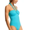 Seafolly Halter Bandeau Swimsuit Blue Atoll New