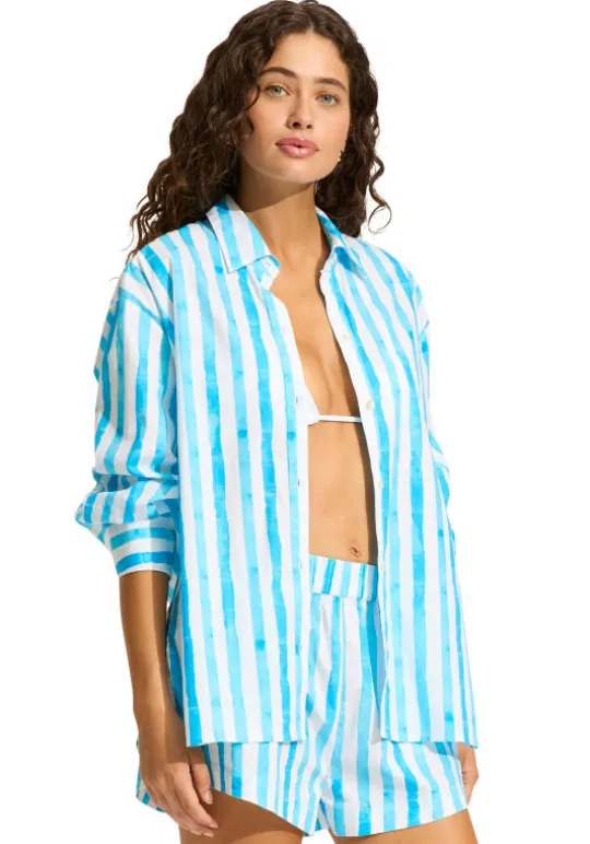 Seafolly Isla Palm Oversized Beach Shirt Turquoise Isla Palm Turquoise Online