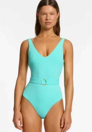 JETS Swimwear Isla Rib V Neck Belted Swimsuit Dolce Best
