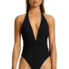 JETS Swimwear Jetset Ruched Plunge Swimsuit Black Clearance