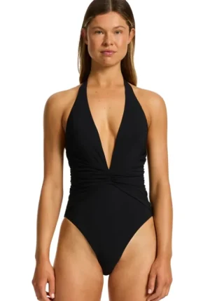 JETS Swimwear Jetset Ruched Plunge Swimsuit Black Clearance