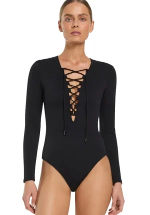 JETS Swimwear Joali Long Sleeve Surfsuit Black New