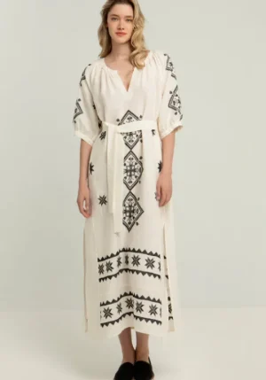 Greek Archaic Kori Lefkada Belted Midi Dress Natural Hot