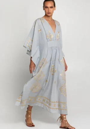 Greek Archaic Kori Lefkada Maxi V Neck Kaftan Grey Hot