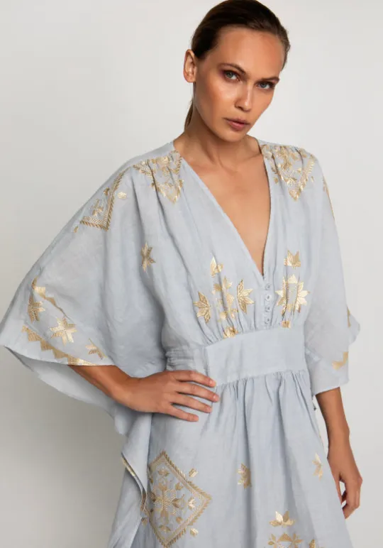 Greek Archaic Kori Lefkada Maxi V Neck Kaftan Grey Hot