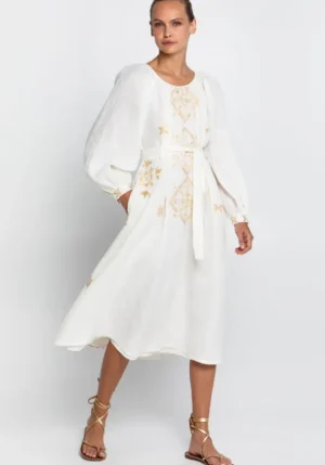 Greek Archaic Kori Lefkada Scoop Neck Midi Dress White White/Gold Clearance