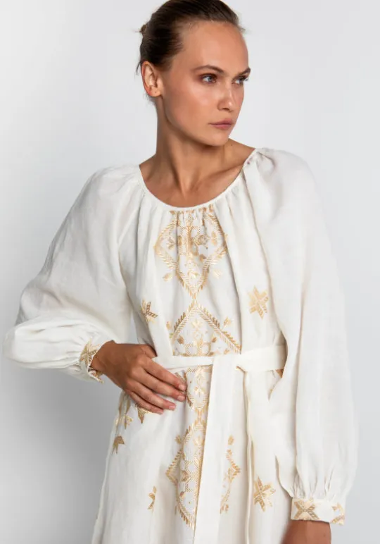 Greek Archaic Kori Lefkada Scoop Neck Midi Dress White White/Gold Clearance