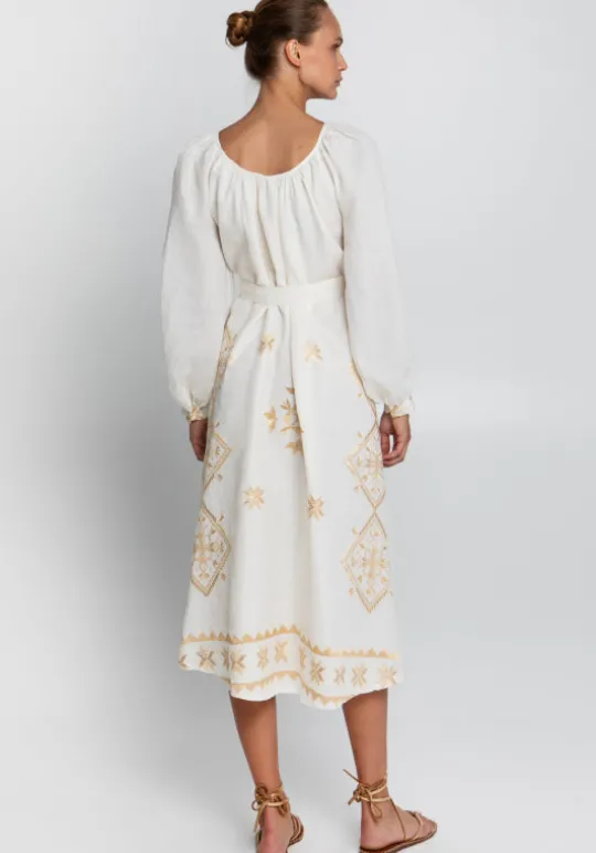 Greek Archaic Kori Lefkada Scoop Neck Midi Dress White White/Gold Clearance
