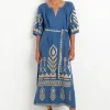 Greek Archaic Kori Maxi Kaftan with Feather Embroidery Indigo New