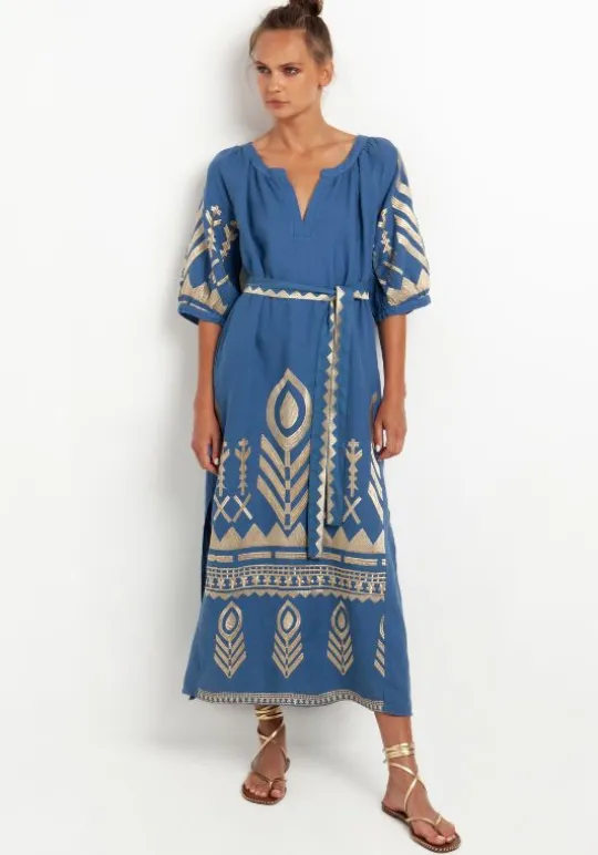 Greek Archaic Kori Maxi Kaftan with Feather Embroidery Indigo New