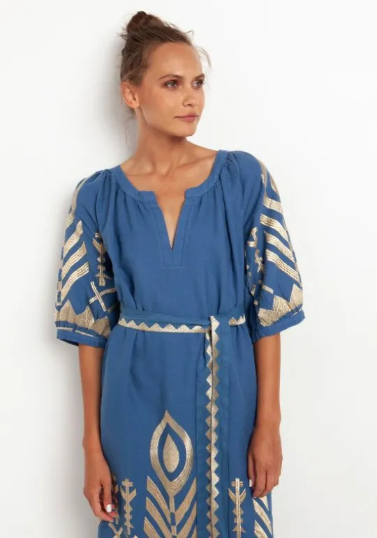 Greek Archaic Kori Maxi Kaftan with Feather Embroidery Indigo New