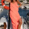 Pitusa Mermaid Asymmetric Ruffle Dress Watermelon New