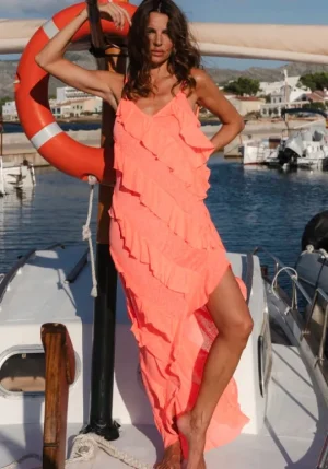 Pitusa Mermaid Asymmetric Ruffle Dress Watermelon New