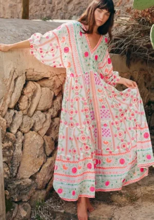 Juliet Dunn Mexican Embroidered V Neck Maxi Dress Mexican Embroidery Fashion