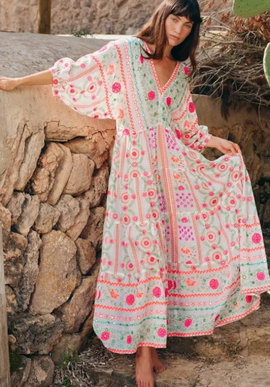 Juliet Dunn Mexican Embroidered V Neck Maxi Dress Mexican Embroidery Fashion