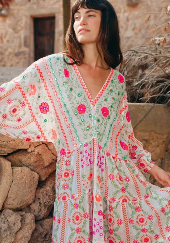 Juliet Dunn Mexican Embroidered V Neck Maxi Dress Mexican Embroidery Fashion