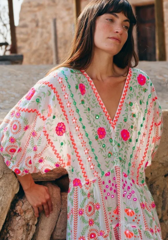 Juliet Dunn Mexican Embroidered V Neck Maxi Dress Mexican Embroidery Fashion