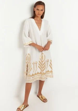 Greek Archaic Kori Midi Kaftan With Gold Embroidery White White/Gold Sale