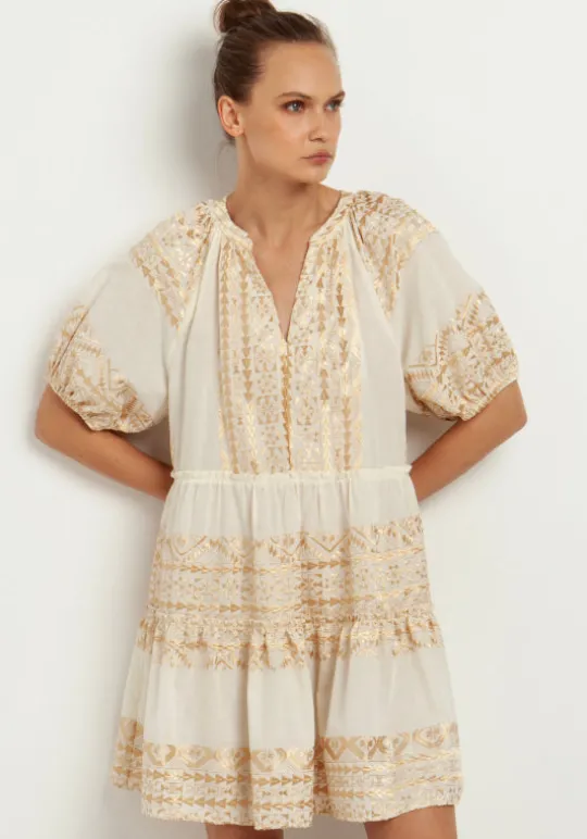 Greek Archaic Kori Mini Dress with Triangle Embroidery Natural Outlet