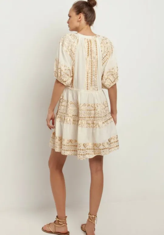 Greek Archaic Kori Mini Dress with Triangle Embroidery Natural Outlet