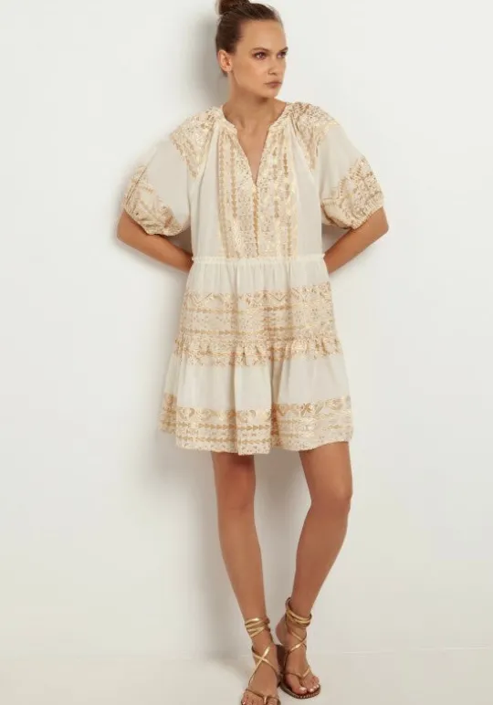 Greek Archaic Kori Mini Dress with Triangle Embroidery Natural Outlet