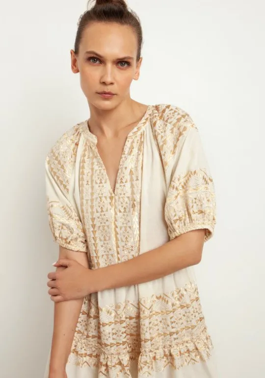 Greek Archaic Kori Mini Dress with Triangle Embroidery Natural Outlet