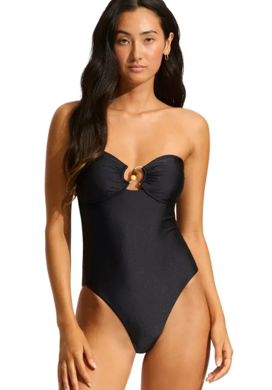 Seafolly Palermo Ring Front Bandeau Swimsuit Black Sale