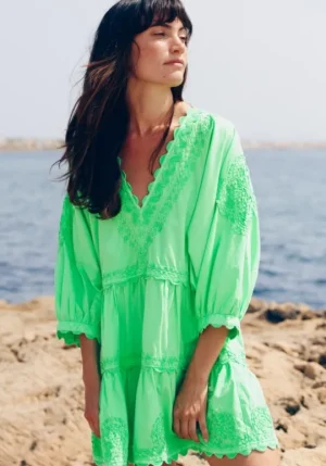 Juliet Dunn Poplin V Neck Mini Dress Apple Clearance