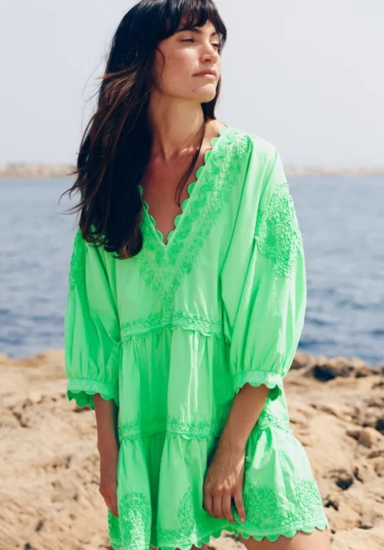 Juliet Dunn Poplin V Neck Mini Dress Apple Clearance