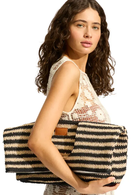Seafolly Raffia Stripe Basket Bag Natural/Black Hot