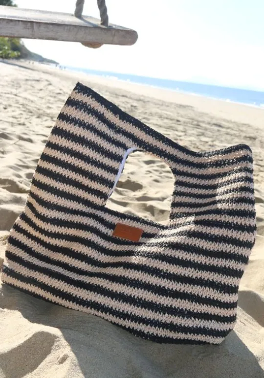 Seafolly Raffia Stripe Basket Bag Natural/Black Hot