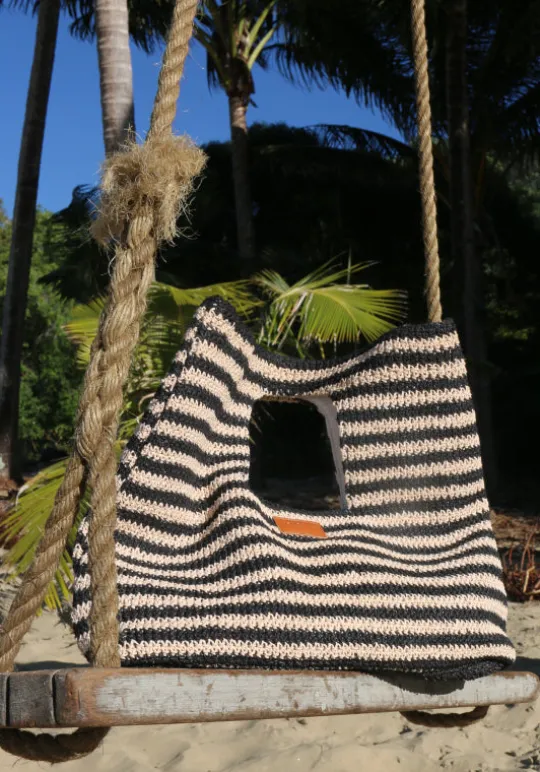 Seafolly Raffia Stripe Basket Bag Natural/Black Hot