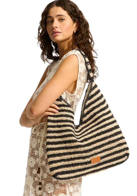 Seafolly Raffia Stripe Tote Natural/Black Outlet