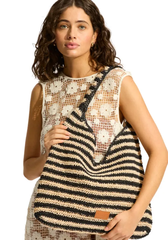 Seafolly Raffia Stripe Tote Natural/Black Outlet