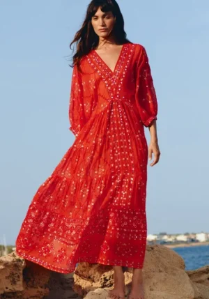 Juliet Dunn V Neck Mosaic Maxi Dress Red Fashion