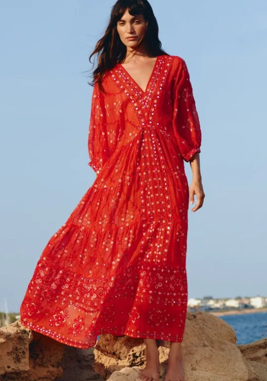 Juliet Dunn V Neck Mosaic Maxi Dress Red Fashion