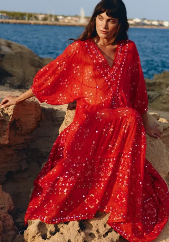 Juliet Dunn V Neck Mosaic Maxi Dress Red Fashion