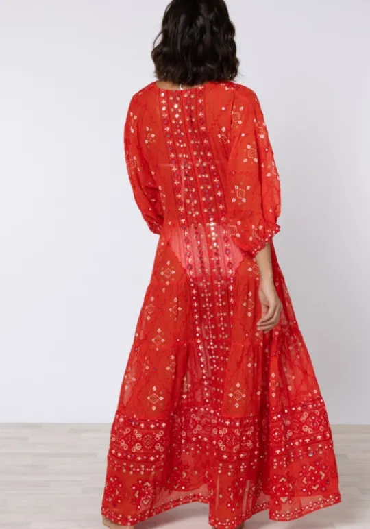 Juliet Dunn V Neck Mosaic Maxi Dress Red Fashion