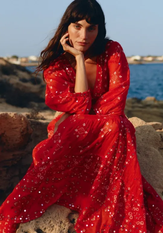 Juliet Dunn V Neck Mosaic Maxi Dress Red Fashion