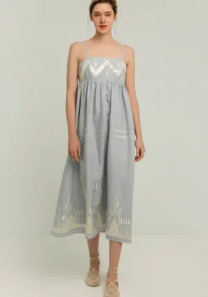 Greek Archaic Kori Roots Strappy Midi Dress Grey New